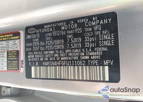 2015 Hyundai Santa Fe Gls z USA, uszkodzony, nr VIN KM8SN4HF6FU111062